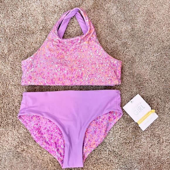 NWT Athleta Girl Reversible Bikini Top and Bottom - floral and purple L - Picture 1 of 3